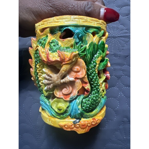 Foo Dog Vastu Dragon Pen Holder Colorful Feng Shui Power Wealth Decorative 4” - Picture 12 of 13